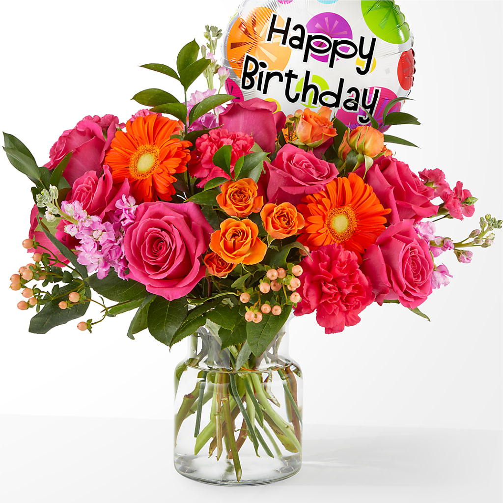 Fiesta Bouquet with Birthday Balloon – POTRATZ FLORAL SHOP & GREENHOUSES, Erie PA