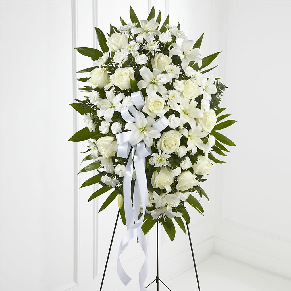 Exquisite Tribute Standing Spray-White Ribbon – POTRATZ FLORAL SHOP & GREENHOUSES, Erie PA