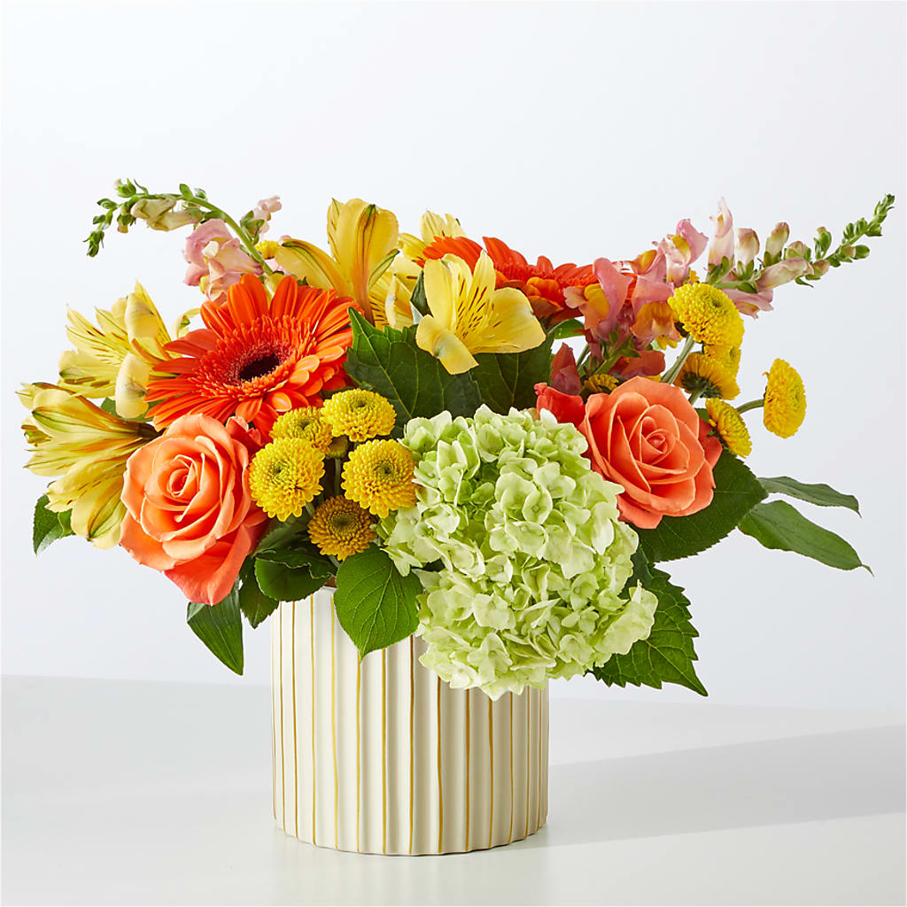 Autumn Sunshine Bouquet with Ivory Vase – POTRATZ FLORAL SHOP & GREENHOUSES, Erie PA