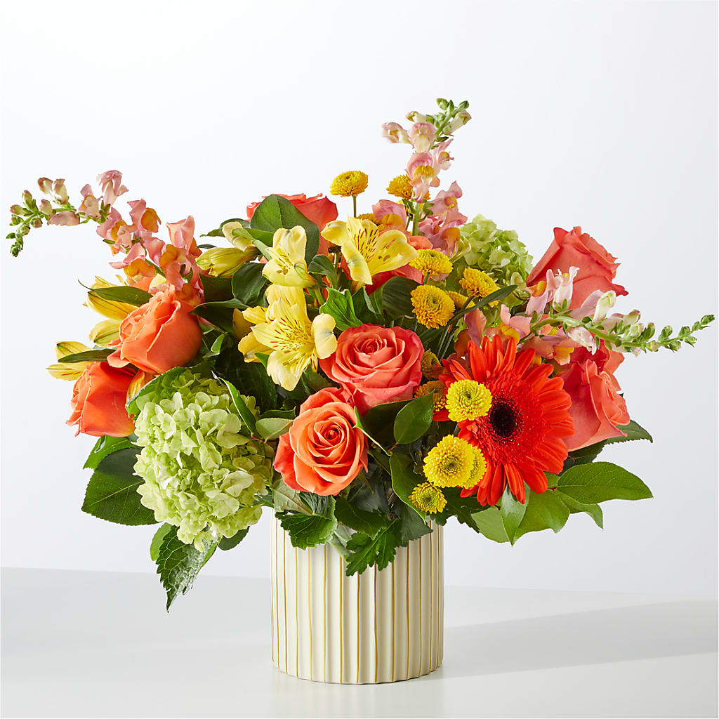 Autumn Sunshine Bouquet with Ivory Vase – POTRATZ FLORAL SHOP & GREENHOUSES, Erie PA