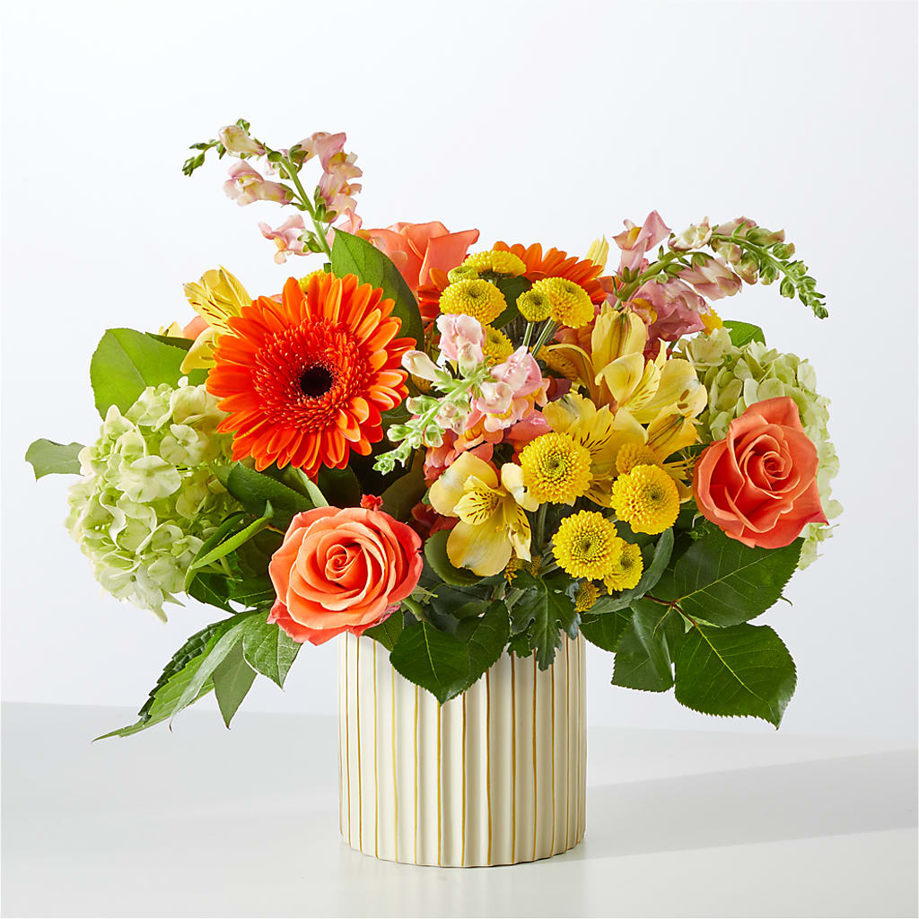 Autumn Sunshine Bouquet with Ivory Vase – POTRATZ FLORAL SHOP & GREENHOUSES, Erie PA