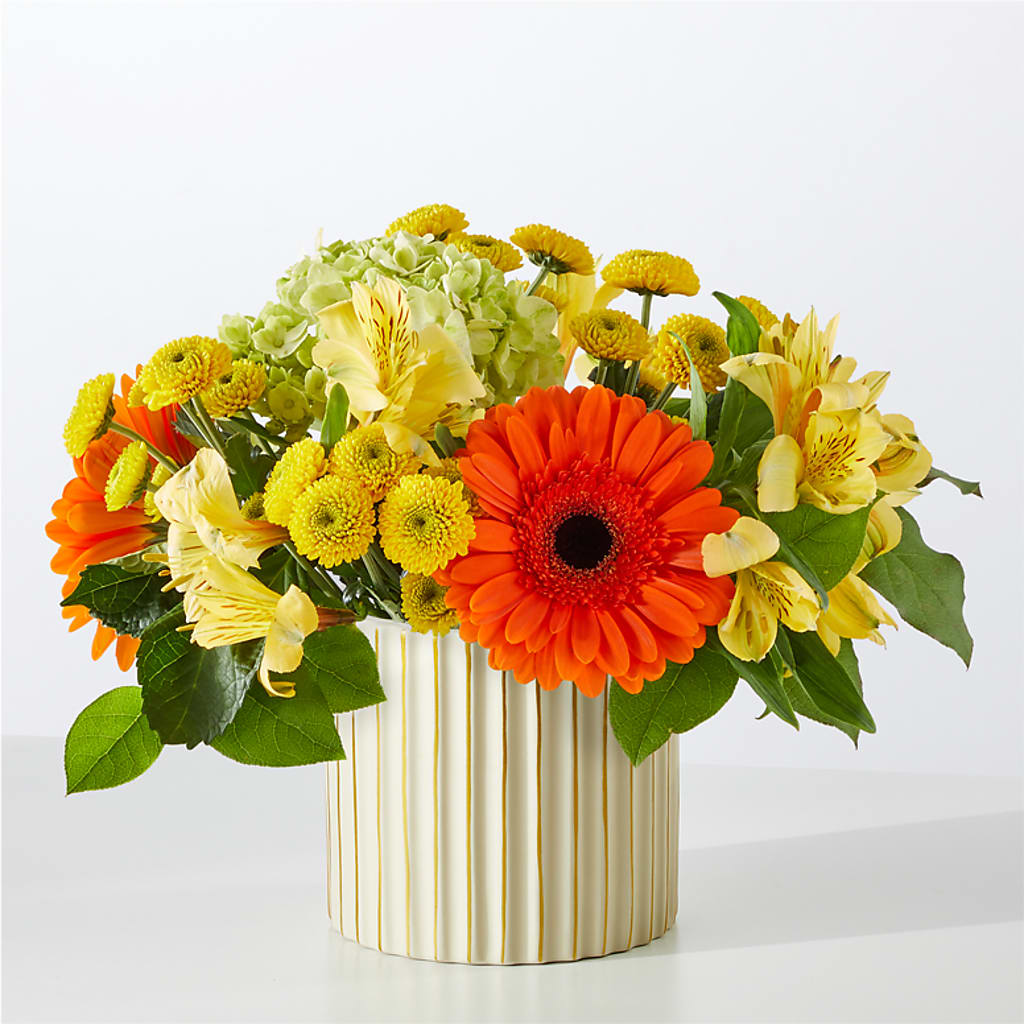 Autumn Sunshine Bouquet with Ivory Vase – POTRATZ FLORAL SHOP & GREENHOUSES, Erie PA